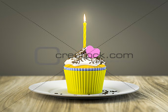 delicious cupcake with a burning candle