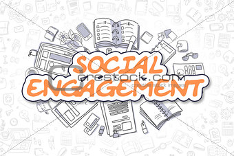 Social Engagement - Doodle Orange Text. Business Concept.