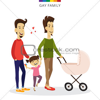 Vector gay couple love concept. Family of two men, daughter and baby in the cradle. Romantic illustration.