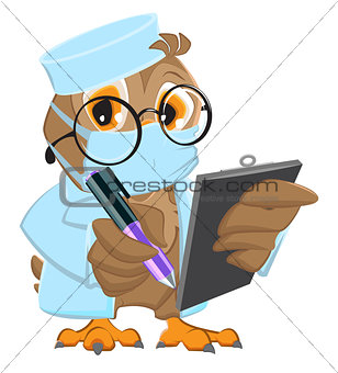 Owl Doctor in mask holds clipboard and pen