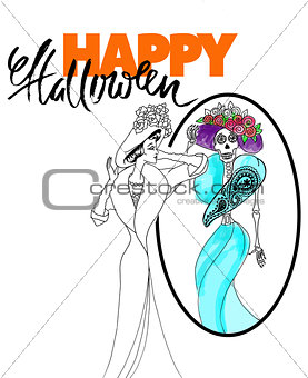Girl looks in the mirror and sees a skeleton. Retro girl sketch. Happy halloween lettering. Vector illustration.