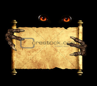 Paws of a monster holding a vintage scroll