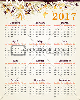 Calendar for 2017 year with lily