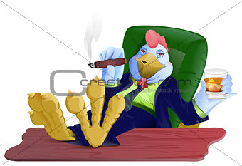 Blue fat cock boss with cigar and whiskey put his feet on table. Rooster symbol 2017