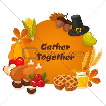 Happy Thanksgiving Day. Vector banner with traditional table plenty of food, roasted turkey, cornucopia with pumpkins, fruits and vegetables. Decoration for thanksgiving greeting cards