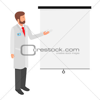 Vector illustration medical worker. Man shows on the Board.