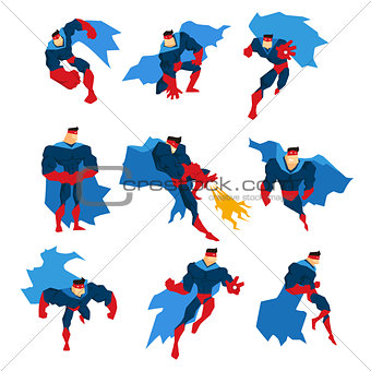Comics Superhero With Blue Cape In Action Classic Poses Stickers
