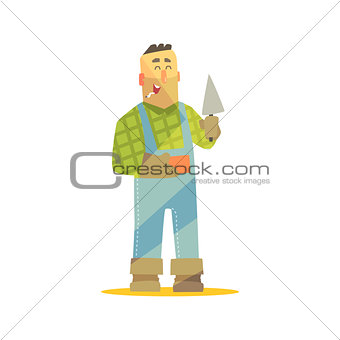 Builder With Brick And Trowel On Construction Site