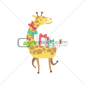 Giraffe Cute Animal Character Attending Birthday Party