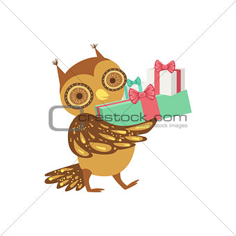 Owl Cute Animal Character Attending Birthday Party