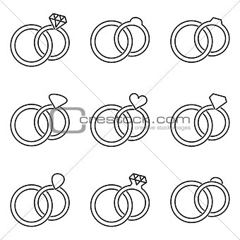 Black vector wedding rings icons collection
