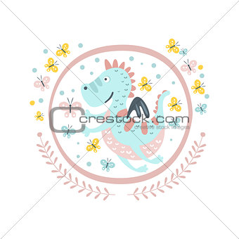 Good Dragon Fairy Tale Character Girly Sticker In Round Frame