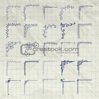 Vector Decorative Pen Drawing Outlined Corners on Crumpled Paper