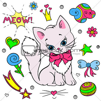 Vector collection of colorful stickers for girls. Kitty, flowers, bows, ball, stars, speech, hearth, clouds.