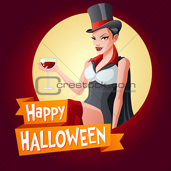 Woman in vampire costume. Vector card with text.