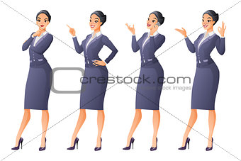 Asian business woman in different poses. Vector set.