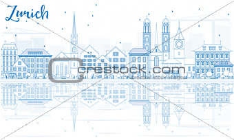 Outline Zurich Skyline with Blue Buildings and Reflection.