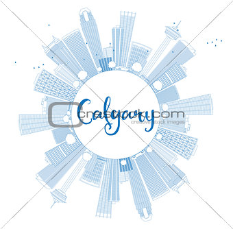 Outline Calgary Skyline with Blue Buildings and Copy Space. 