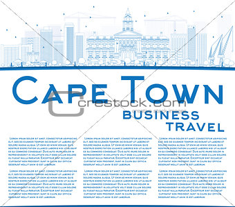 Outline Cape Town skyline with blue buildings and copy space. 