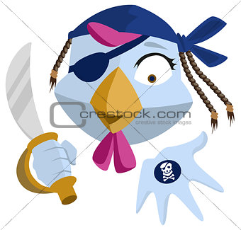 Bird Pirate with saber shows black mark. Blue Rooster head