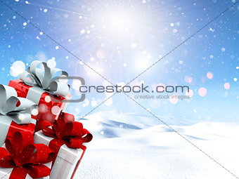 3D Christmas gifts in a snowy landscape