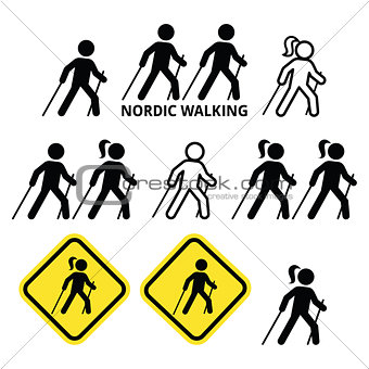Nordic Walking, people walking outdoors with sticks icons set