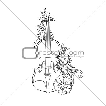 Coloring page violin with flowers and leafs