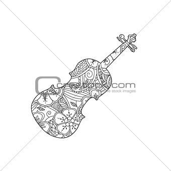 Coloring page with ornamental violin isolated on white background.