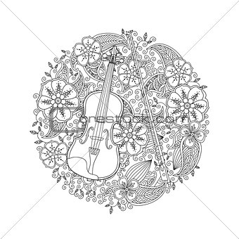 Coloring page with ornamental violin in circle shape on white background.