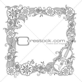 Coloring page - border, square frame with violin isolated on white background.