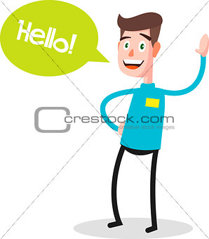 Successful young businessman character saying hello with speech bubble, front view. Business, job, professional, consultant concept. EPS10 vector illustration