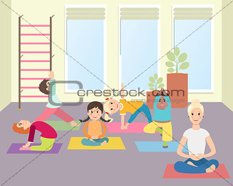 Kids yoga with Instructor in gym class