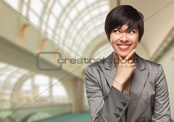 Businesswoman Inside Corporate Building Looking To The Side