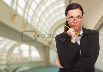 Serious Businesswoman Inside Corporate Building