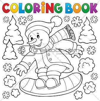 Coloring book snowman on snowboard