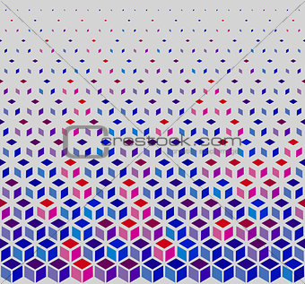 Vector Seamless Hexagonal Cube Halftone White Outline Grid Pattern In Blue Pink and Red