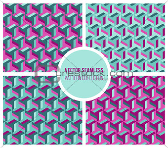 Vector Seamless Geometric Pattern Collection in Blue And Pink Color