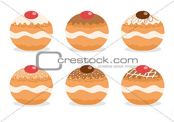 Sufganiyot set. Jewish donut set. Jewish traditional dessert on the holiday of Hanukkah. Vector illustration