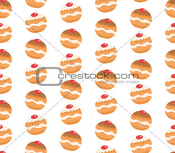 Sufganiyot seamless pattern. Jewish donut seamless texture. Jewish traditional dessert on the holiday of Hanukkah background. Jewish donut pattern. Vector illustration