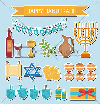 Hanukkah sticker pack. Hanukkah Icons with Menorah, Torah, Sufganiyot, Olives and Dreidel. Happy Hanukkah Festival of Lights, Feast of Dedication flat icons, stickers. Vector illustration