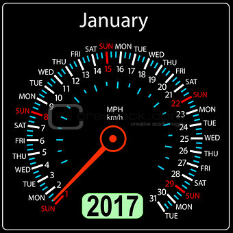 year 2017 calendar speedometer car in vector. January