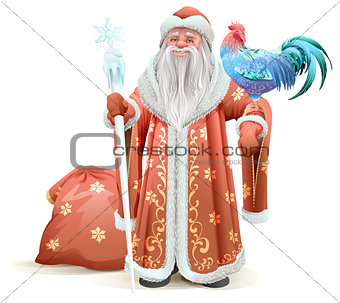 Russian Santa Claus holding blue rooster symbol of 2017