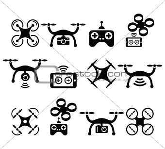 Drone quadcopter with camera and controller icons set