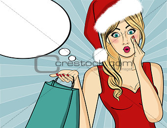 Pop art Santa girl. Pin up Santa girl. Santa Girl with shopping 