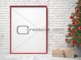 Mock up blank picture frame, Christmas decoration and wooden box