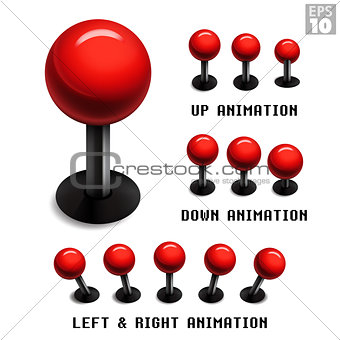 Classic red arcade game joystick with animated stills in up, down, left and right movements.