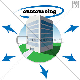 Medium sized company building with outsourcing text and arrows depicting growth or business strategy.