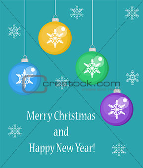 Christmas card with balls, Happy New Year and Merry . vector illustration