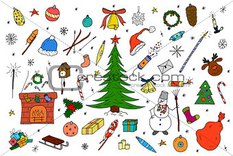 Hand drawn christmas elements in doodle style.