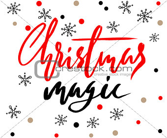 Red and white handwritten calligraphic inscription Christmas magic with pattern of red and gold confetti and snowflakes. Holiday lettering. EPS10